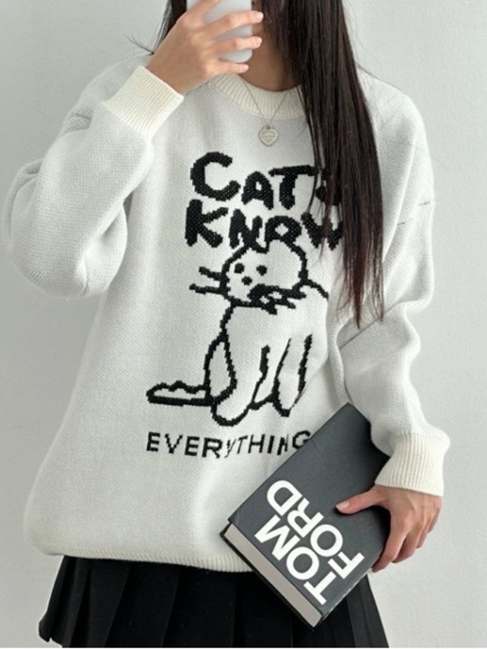 Cats Know Everything Cream & Navy Cat Knit Pullover Plus